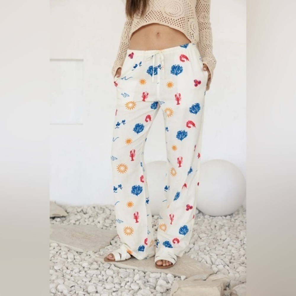 NWT Cali 1850 Women’s Medium White Printed Linen Pull On Beach Pants M Lobster